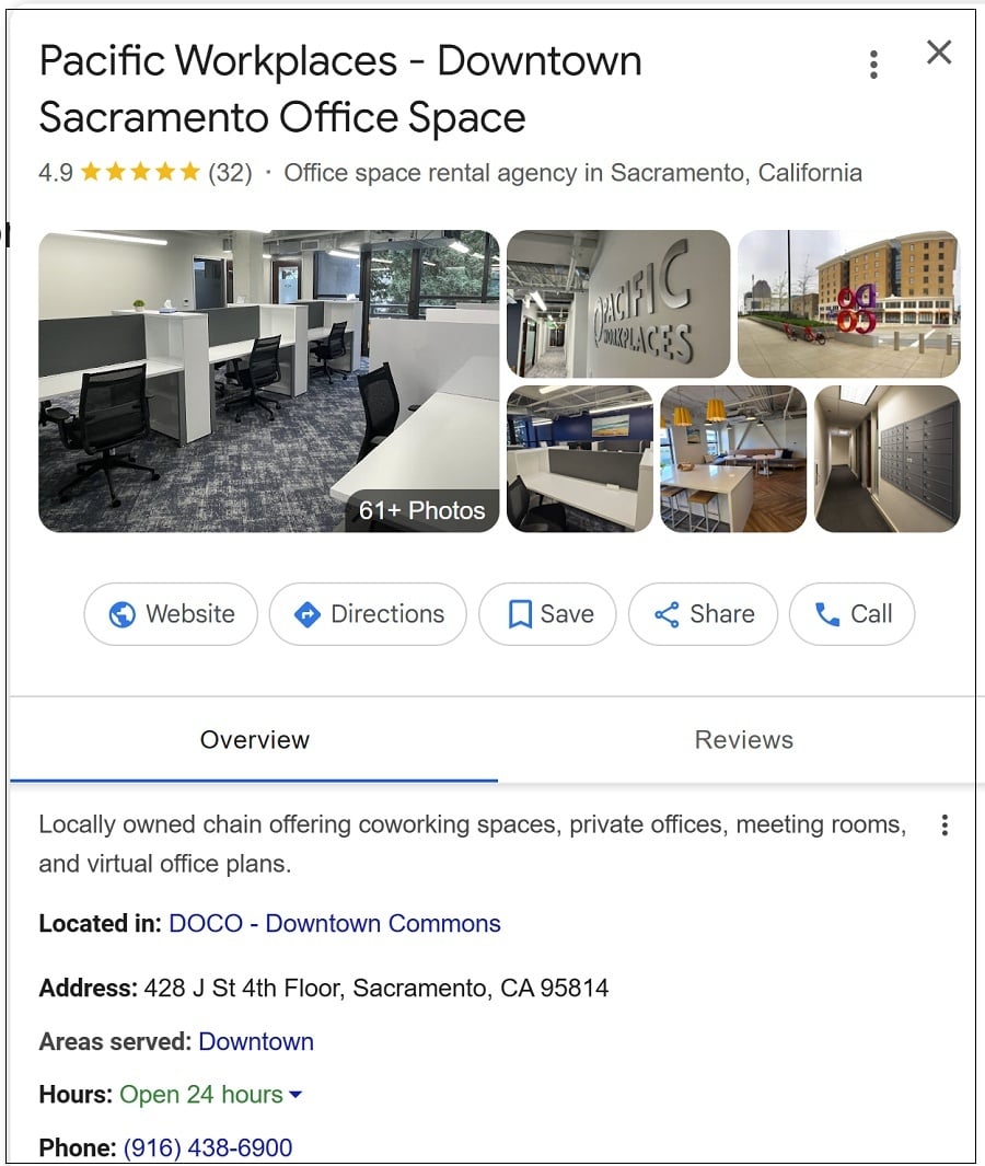 Pacific Workplaces Sacramento Google Rating