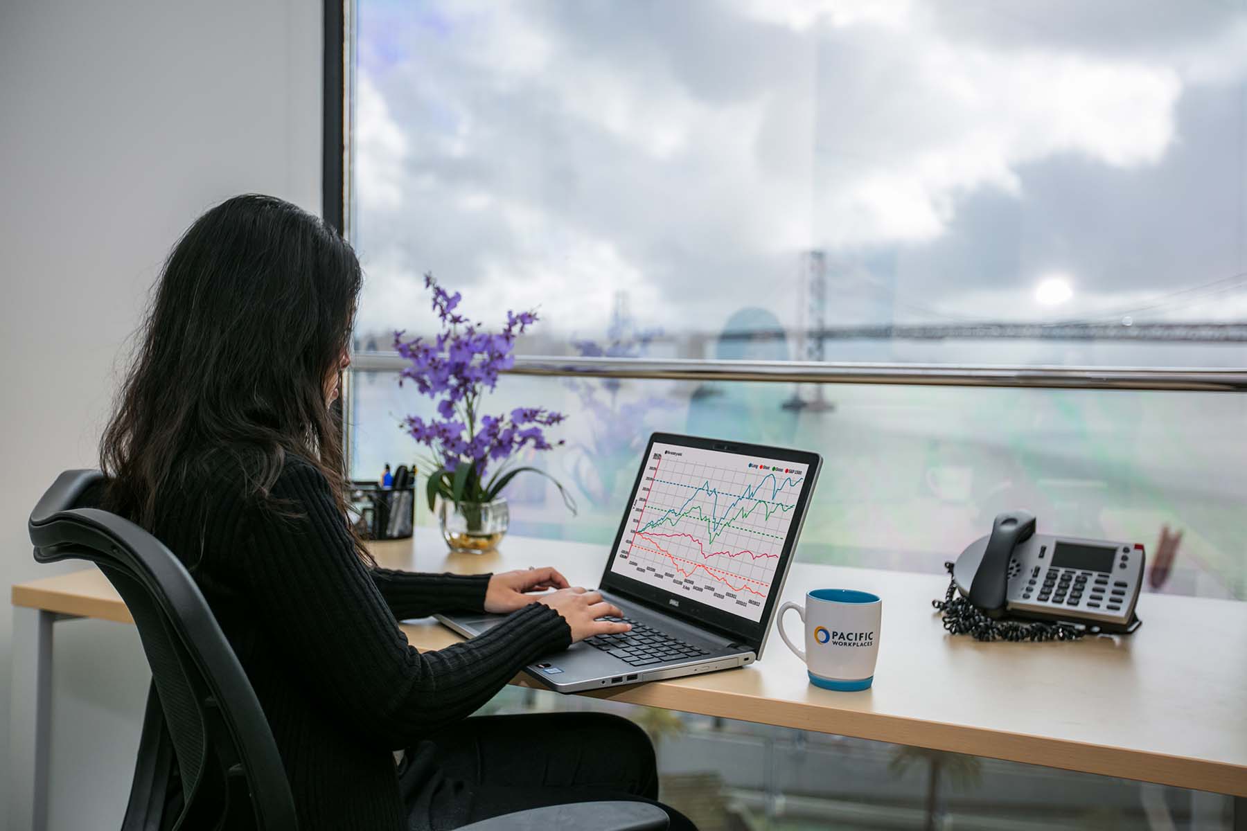 Woman with laptop in private office space in San Francisco with view of the Bay Bridge