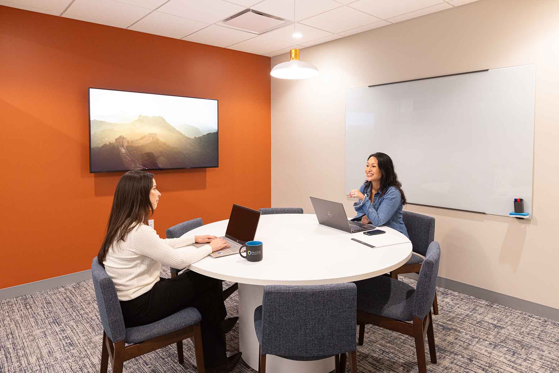 two women working on laptops in a meeting room in marin ca