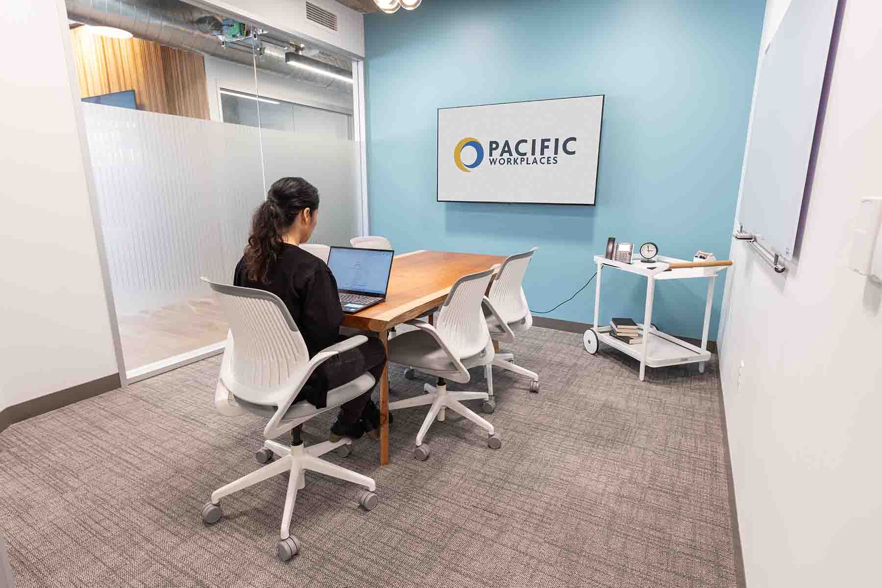 Pacific Workplaces_sanmateo Woman working on laptop in a meeting room at pacific workplaces in san mateo
