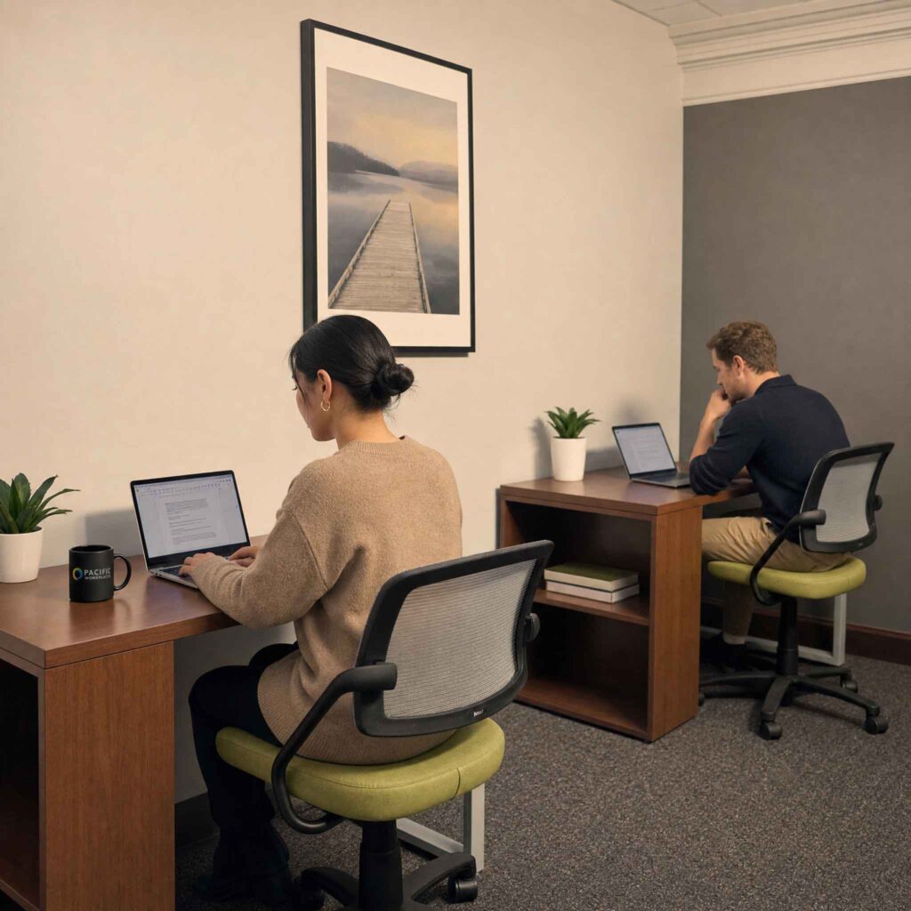 Woman and man working on laptops in a private office at pacific workplaces in berkeley ca