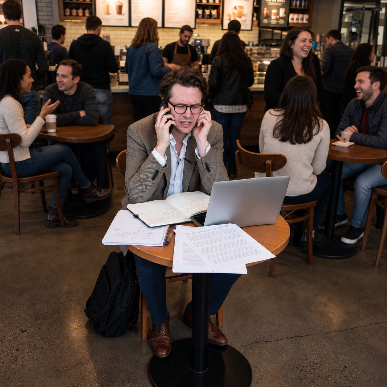 why-coffee-shops-arent-built-for-serious-work business man sitting in a crowded and loud coffee shop while trying to work on his laptop and taking a phone call on his cellphone